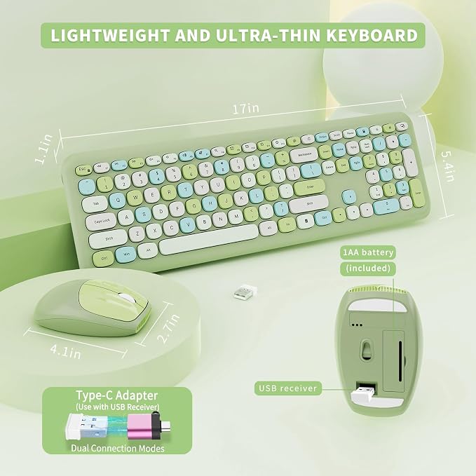 Wireless Keyboard and Mouse Combo, Colorful Ergonomic Full Size Retro Low-Noise Keyboard with Cute keycaps, Compatible with Windows, PC, Perfer for Home and Office Keyboards (Green)