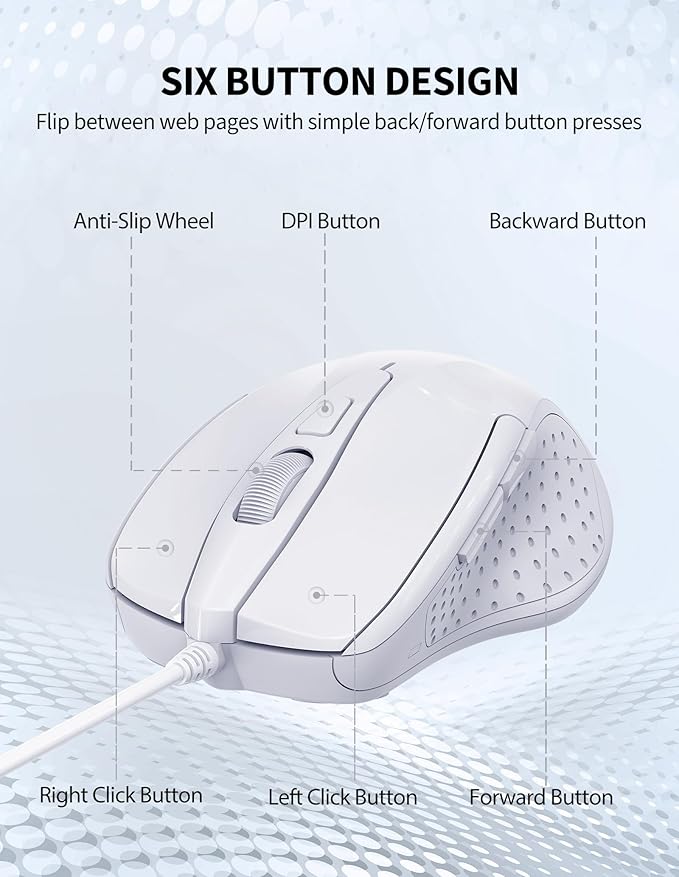 TECKNET USB Wired Mouse, 6-Button Corded Mouse with 4 Adjustable DPI, Optical Computer Mouse with Ergonomic Design and 5FT Cord for Laptop, Chromebook, PC, Desktop, Mac, Notebook-LT.White
