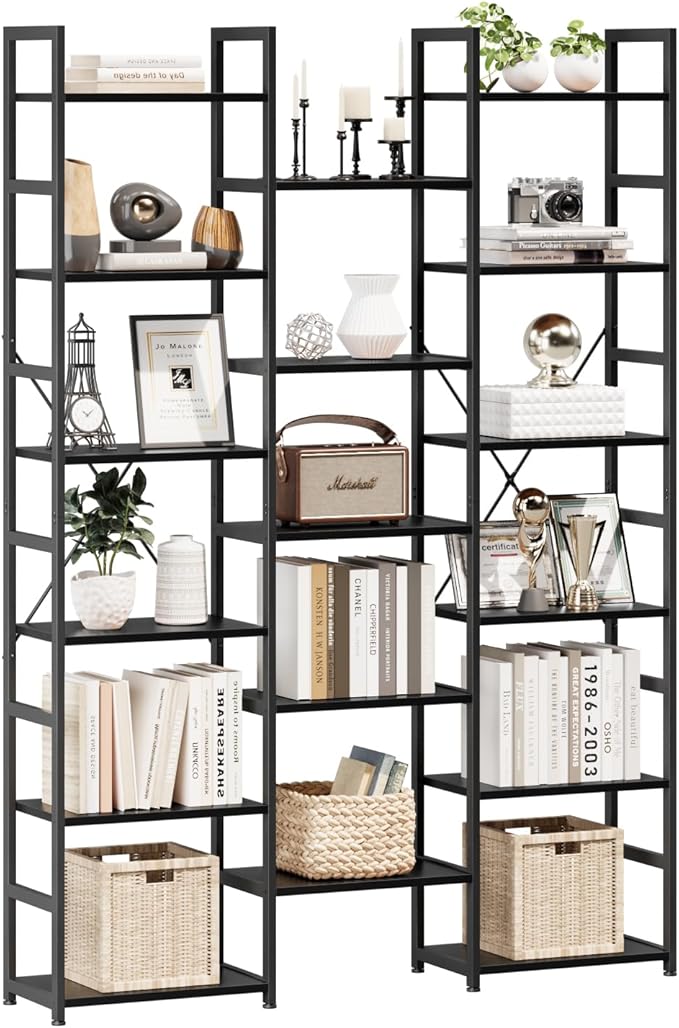 NUMENN Triple Column 6 Tier Bookshelf, Bookcase with 17 Open Display Shelves, Adjustable Rustic Industrial Style Book Shelves, Modern Bookshelves for Bedroom, Living Room and Home Office, Black