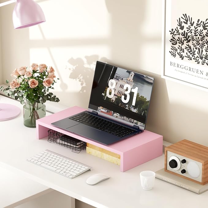TEAMIX Pink Monitor Riser-20L inch, Wood Monitor Stand for Desk, Sturdy TV/Screen/PC/Printer/Laptop Riser,Computer Shelf with Storage TV Holder for Home Office (Pink, 20 inch)