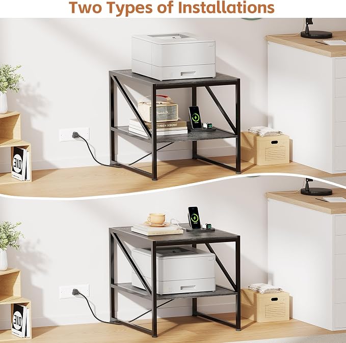 2-Tier Large Priner Stand with Charging Station, 20"×20" Under Desk Printer Table with Power Outlets and USB Ports for Home Office, Mini Fridge Stand, Storage Shelf for Scanner Fax Machine, Black