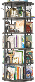 Aheaplus 5 Tier Rotating Bookshelf Tower, 360 Display Spinning Bookcase, Revolving Round Book Shelf Narrow Swivel Bookshelf, Vertical Turning Corner Book Organizer for Small Space, Black Oak