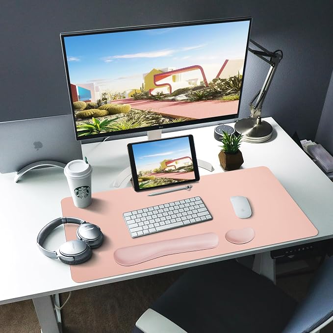 Bloss Leather Desk Pad and Keyboard Wrist Rest, Large Mouse Pad + Keyboard Pad+Mouse Wrist Support, Non-Slip Desk Mat Protector for Office, Home(31.5×15.7 Inches,Pink)