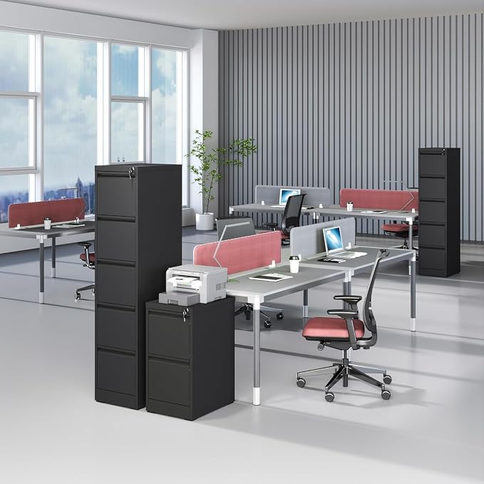 5 Drawer File Cabinet with Lock, Vertical File Cabinet with Lock, Locking File Cabinet Hanging Files for A4/ Legal/Letter, Require Assembly, Black