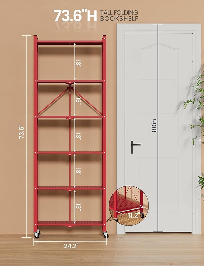 ALANNG 73.6 Inch Folding Bookshelf, 6 Tier Metal Bookcase and Bookshelves, Tall Shelves for Living Room Office Bedroom, Heavy Duty Book Shelve Free Standing Open (Red, 4PACK)