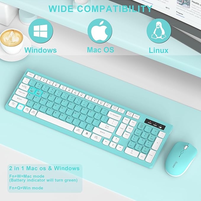 RECCAZR Wireless Keyboard and Mouse Combo, Full-Sized Keyboard and Adjustable DPI Mouse, 2.4GHz USB Receiver, Wireless for PC, Windows, Desktop, Laptop (Blue)