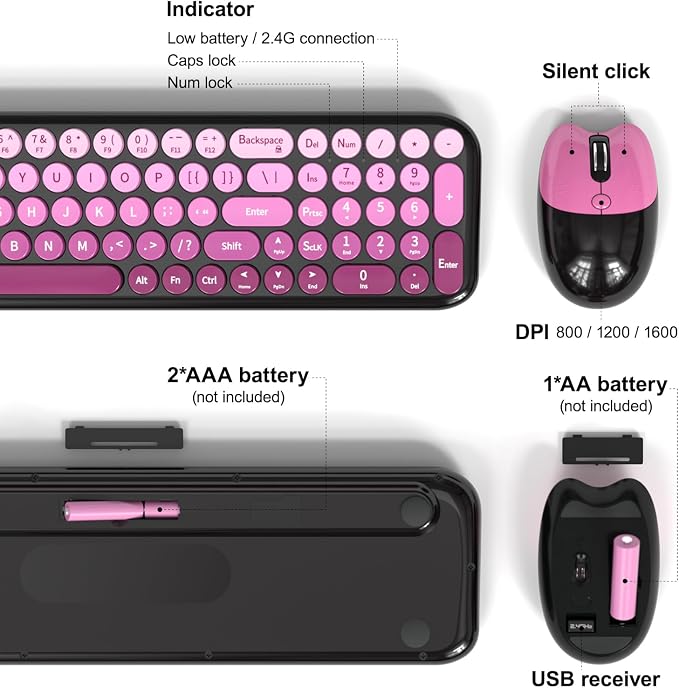 Dilter Wireless Keyboard and Mouse Combo, Portable Retro Keyboard with Compact Size, 2 in 1 USB Connected Mouse for Windows 7/8/10, Laptop, Desktop, PC, Computer (Black Pink)