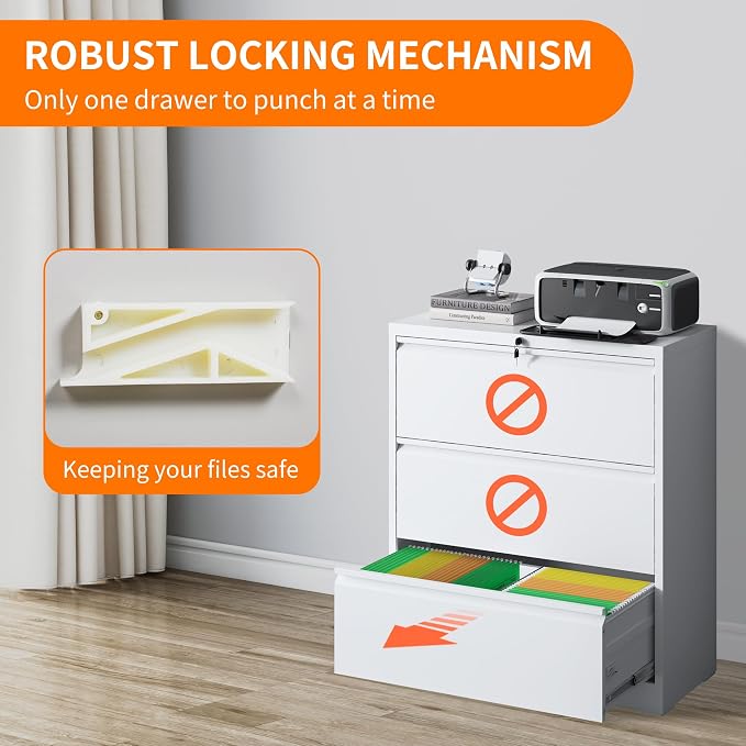 Locking Filing Cabinet with 3 Drawer Heavy Duty Large Metal Cabinet Home Office Lateral File Cabinets Wide Steel Cabinets for Legal/Letter Size File,Assembly Required