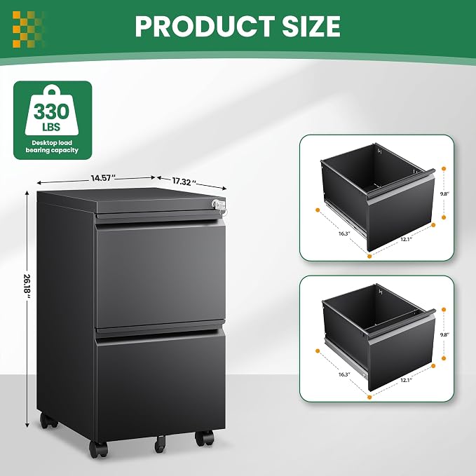 2 Drawer Metal File Cabinet with Lock, Rolling File Cabinets with Lock for A4/Legal/Letter Size, Under Desk Filing Cabinet for Home Office Assembly Required（Black）