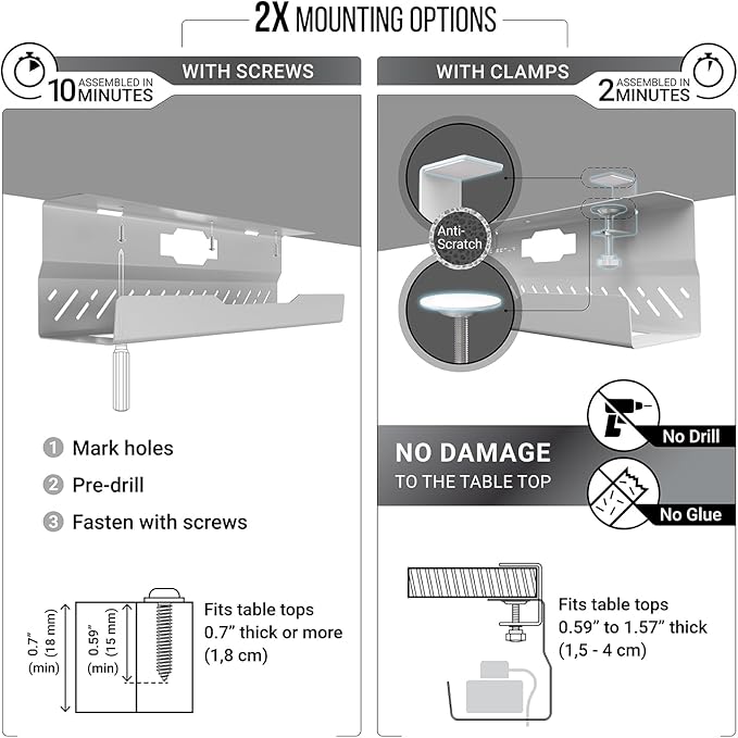 Under Desk Cable Management Tray no Drill – Wire Management - Cord Organizer – Huge Load Capacity – Under Desk Cable Tray no Drill (White, 1 Piece Set)