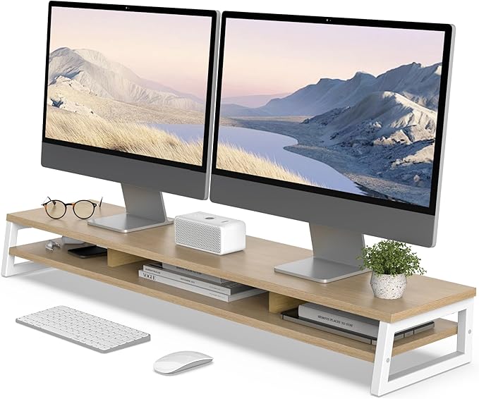 Fenge Dual Monitor Stand for Desk, 42.5in Large Monitor Riser for 2 Monitors, 2 Tier Computer Office Desk Top Shelf, Desktop Storage Stand for Laptop, PC, Computer, Printer