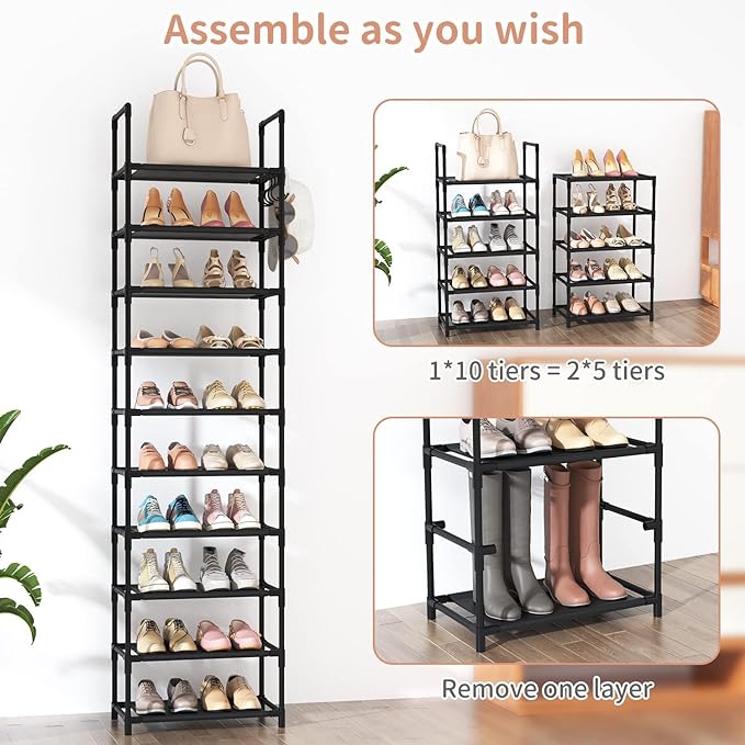 LANTEFUL 10 Tiers Tall Shoe Rack 20-25 Pairs Boots Organizer Storage Sturdy Narrow Shoe Shelf for Entryway, Closets with Hooks, Black