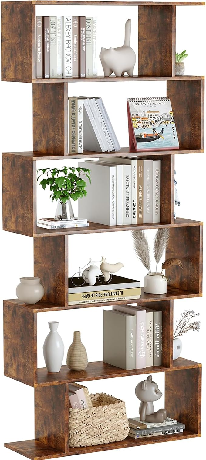 Yusong Geometric Bookcase, Bookshelf 6-Tier S Shaped Book Shelves for Bedroom, Modern Wood Decorative Display Shelf Tall Book Case for Home Office, Rustic Brown
