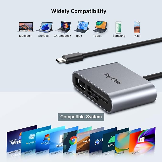 RayCue USB C SD Card Reader Adapter, Type C Micro SD TF Card Reader Adapter, 3 in-1 USB C to USB Camera Memory Card Reader Adapter for iPhone 15,New Pad Pro MacBook Pro/Air, and More UBC C Devices