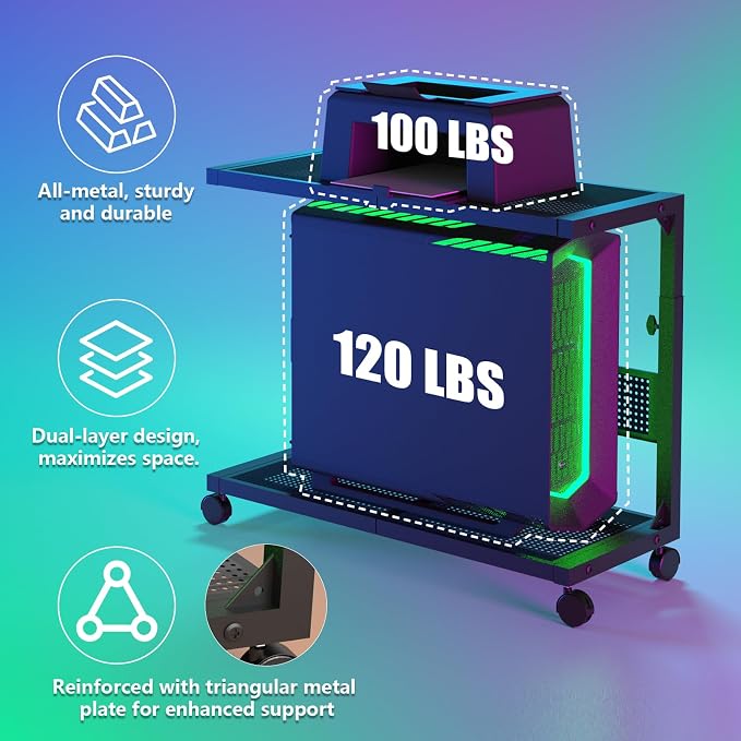 Moricher Computer Tower Stand - Height Adjustable 2-Tier ATX-Case PC Stand Printer Rack Pegboard with Rolling Wheels & Mousepad for Home Office Gaming Accessories