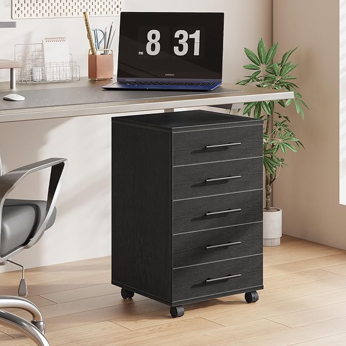 HOOBRO 5-Drawer File Cabinet, Office Cabinet with Drawers, Wooden Storage Cabinet with Wheels for Makeup, Home Office, Study, Easy Assembly, Black BK05WJ01