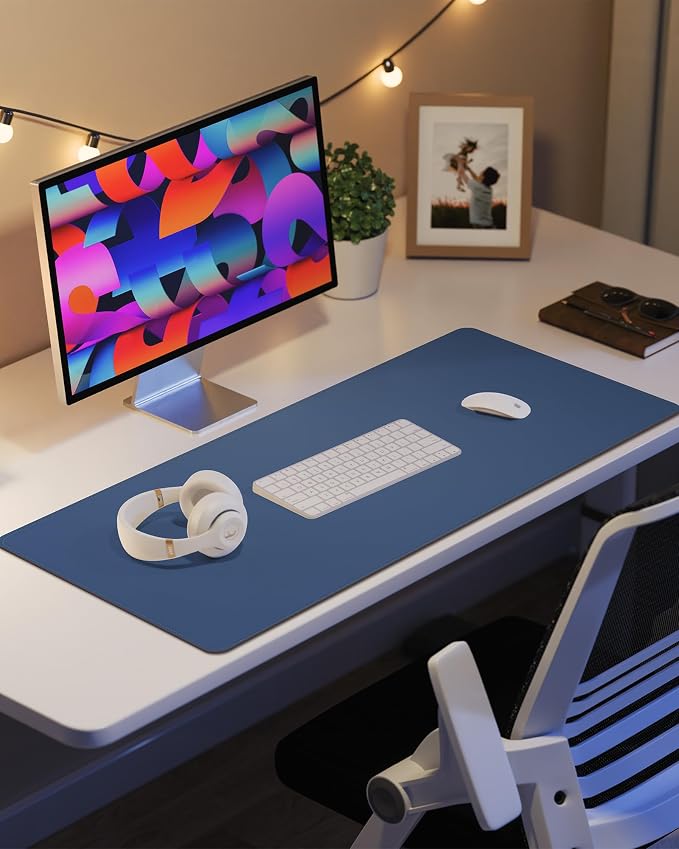 Leather Desk Pad Protector, Large Mouse Mat, Non-Slip Waterproof PU Leather Blotter, Office and Home Cover (Grey Blue, 36" x 17")