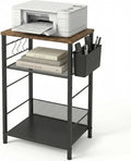ECOLOVI 3 Tier Printer Stand for Under Desk, Height Adjustable Shelf Small Printer Table with 3 S-Hooks & Basket, Heavy Duty Industrial Storage Shelf for Home Office (Rustic Brown)