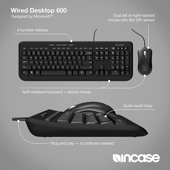Incase Wired Desktop 600 Keyboard & Mouse Combo – Designed by Microsoft – Four Hot Keys, Spill-Resistant Keyboard, Quiet-Touch Keys, Optical Mouse, Left/Right Mouse with 800 DPI Sensor – Black