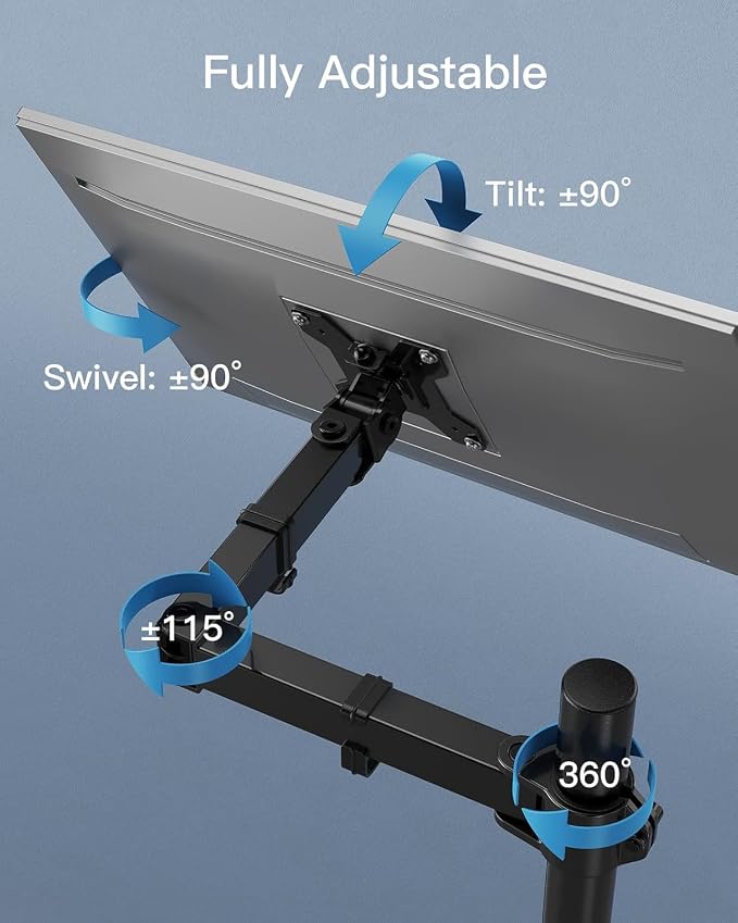 HUANUO Single Monitor Arm with 39 inch Extra-Tall Pole, Adjustable Computer Desk Mount for 13–32 inch Screens and up to 38 inch Ultrawide Screens, Hold 22 lbs, Monitor Stand with C-Clamp & Grommt Base