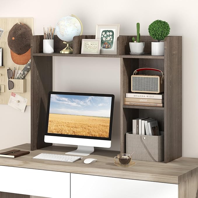 GOFLAME 5 Shelves Desktop Bookshelf, Wood Desk Hutch Dorm for Computer Desk, Countertop Display Rack, 3-Tier Desk Storage Organizer Shelf for Dormitory, Home Office, Study, Gray