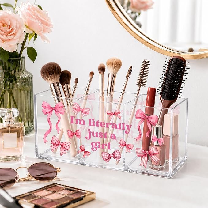 Just a Girl Acrylic Pen Holder, 3 Slot Pink Bow Desk Organizer | Cute pink bow acrylic organizer with 3 clear slots, keeps makeup, pens and remotes tidy; a sweet desk gift for teen girls.