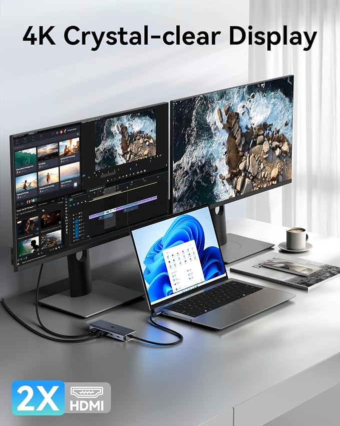 LIONWEI 9 in 1 Laptop Docking Station, Dual HDMI, 100W PD, USB C 3.0, Ethernet, Audio/Mic, USB C Hub for Dell/Surface/HP/Lenovo Laptops