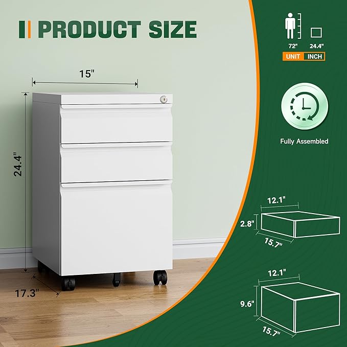 Letaya 3 Drawer Mobile File Cabinet with Lock, Under Desk Metal Filing Cabinets for Home Office Organizer Letters/Legal/A4(Fully Assembled-White)