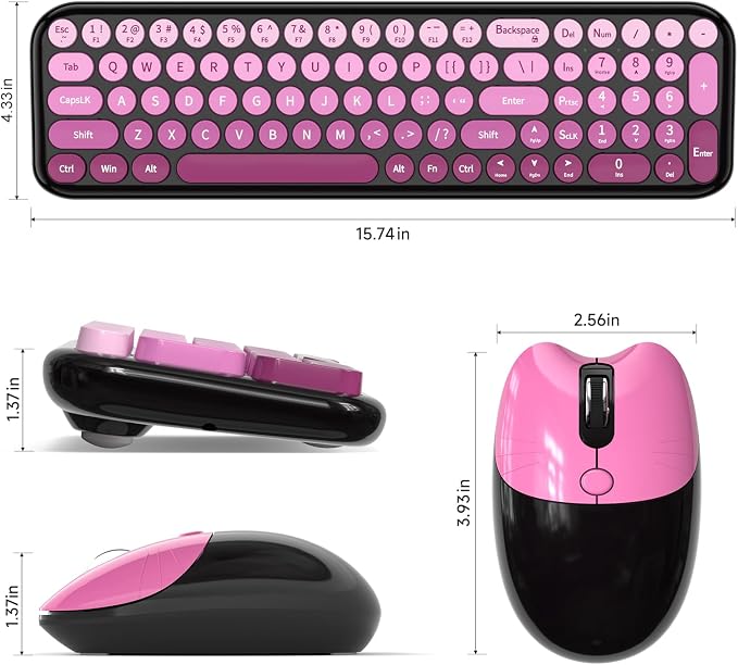 Wireless Keyboard and Mouse Combo, MOWUX Compact Typewriter Retro Round Computer Keyboard, Cute Optical Mouse Wireless, Plug and Play, for Laptop, PC, Computer- Black Pink Gradient
