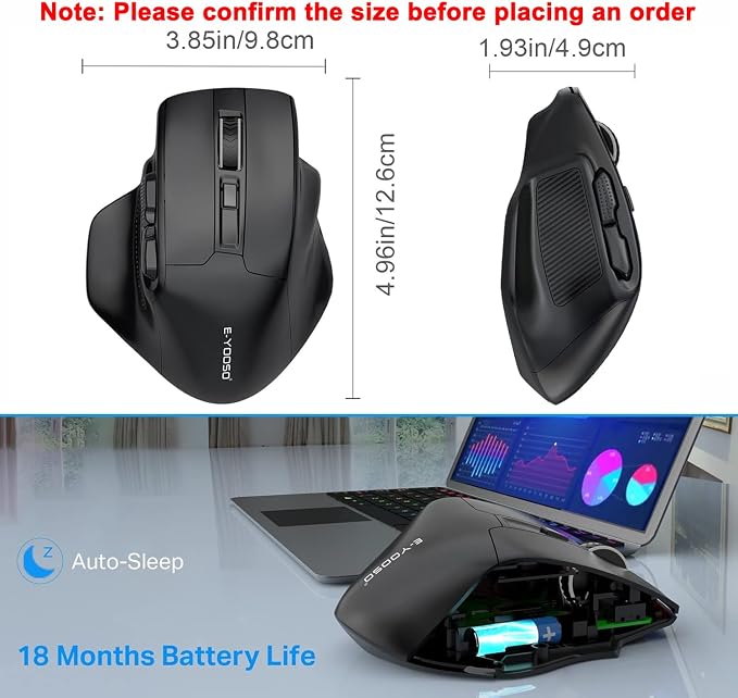 E-YOOSO Large Wireless Mouse for Big Hands, X-31 Cordless Ergo Computer Mouse, 6 Buttons, 5-Level 4800 DPI, 18 Months Battery Life, for Laptop, PC, Chromebook (Black)