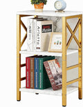MNEETRUNG Small Bookshelf,3 Tier Industrial Bookcase with Metal Frame and Backboard,Low White and Gold Book Shelf,Book case for Small Spaces,Living Room,Bedroom and Home Office