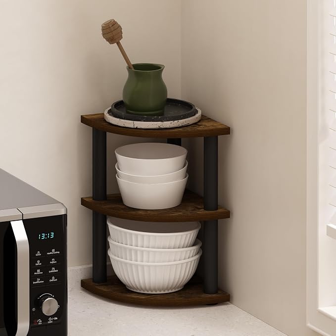 Furinno Turn-N-Tube Kitchen Countertop Organizer, 3-Tier Corner Countertop Organizer Shelf, Corner Shelf, for Kitchen, Pantry, Organizers and Storage, Amber Pine