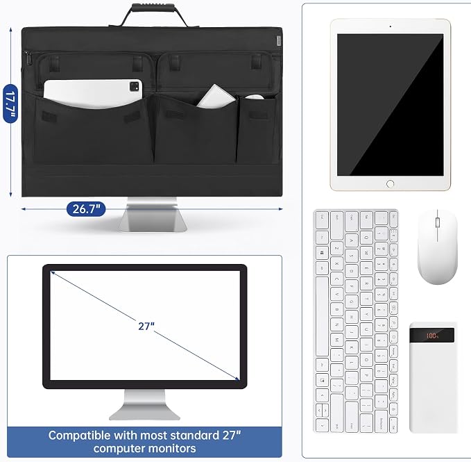 Monitor Carrying Case for 27 Inch Monitors/LCD Screens, Padded Protective Travel Bag with Handle & Multiple Pockets, Compatible with iMac 27, Desktop Monitor Dust Cover for Moving, Business Trip
