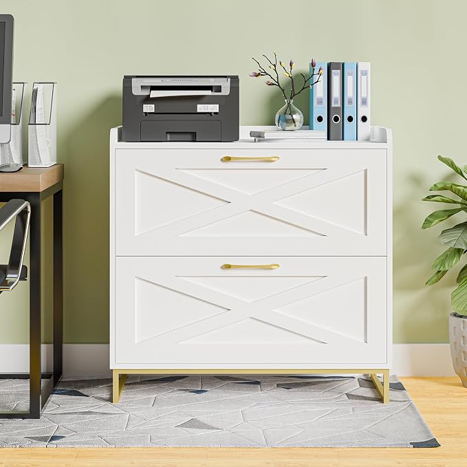 Lateral File Cabinet 2 Drawer File Cabinet with Charging Station for Legal/Letter/A4 Size Hanging Files, Modern Farmhouse Large Wood File Storage Cabinet for Home Office Furniture(White and Gold)