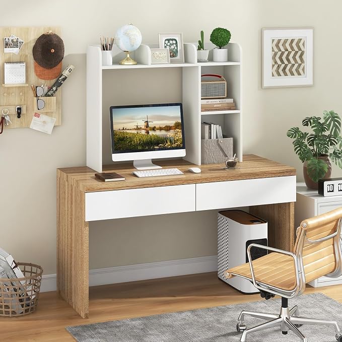 LDAILY Desktop Shelf, Multipurpose Wood Desk Hutch for Max 27" Computer Monitor, Countertop Storage Hutch with 5 Shelves, 3 Tier Desktop Display Rack for Dorm Office Home (White)