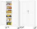 PAOFIN Metal Garage Storage Cabinet with Wheels,Steel Lockable File Cabinets with 2 Doors and 5 Adjustable Shelves,74" H Locking Tool Cabinets for Home Office, Warehouse, Required Assembly,White
