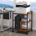 Lerliuo Printer Stand with Charging Station and USB Ports, Large 3-Tier Mobile Printer Table with Storage Shelf, Brown Rolling Industrial Printer Cart with Lockable Wheels for Home Office