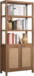 SICOTAS Bookshelf 5 Tier Book Shelf Rattan Boho 71" Tall Bookcase with Doors Storage Shelves Large Bookshelves Farmhouse Bookcases Library Book Case for Living Room Bedroom Home Office Kitchen | Book Shelf