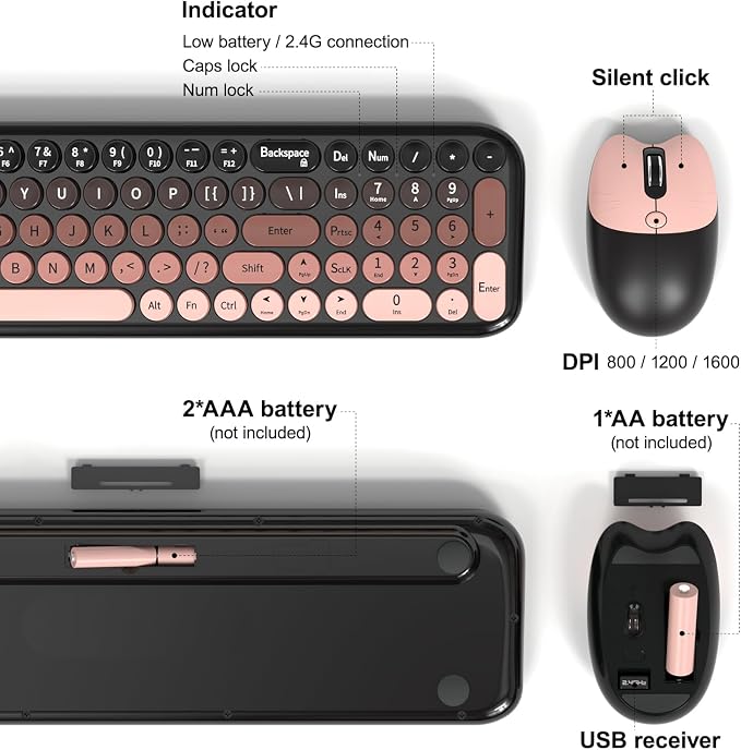 Dilter Wireless Keyboard Mouse Combo, Portable Retro Keyboard with Compact Size, 2 in 1 USB Connected Mouse for Windows PC, Laptop, Computer, Desktop, Home and Office Use