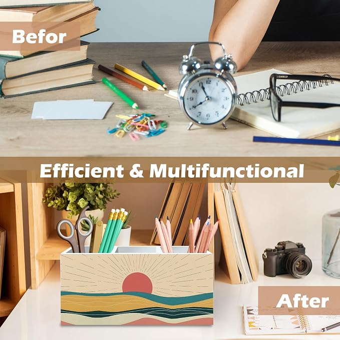 DILSJ Boho Abstract Sunshine Pen Pencil Holder Organizer for Desk, Boho Office Decor, Mid Century Modern Minimalist Sunshine Landscape Wooden Box Signs for Home Office Desk Tabletop Decoration