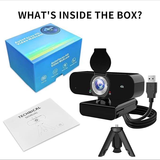 4K Webcam Camera for Computer, External Camera with Microphone, USB Plug&Play, Auto Low Light Correction, Privacy Cover, Tripod, Wide Angle for Meeting/Online Video/Zoom
