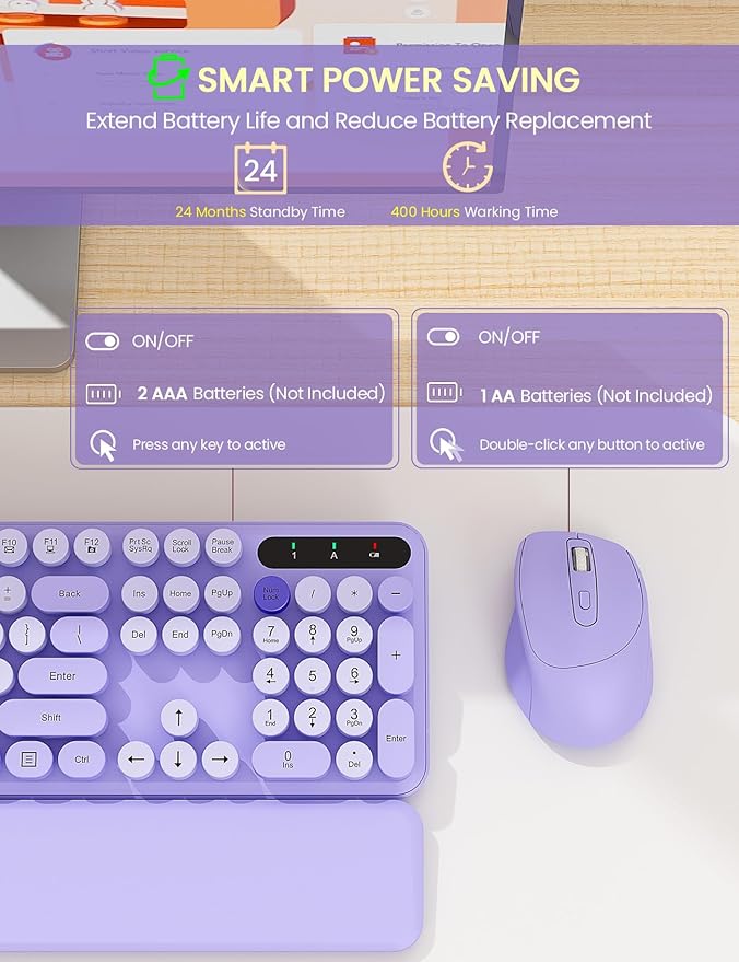 Wireless Keyboard and Mouse Combo - Cute Typewriter Keyboard with Detachable Wrist Rest, Retro Round Keycaps, Foldable Legs, 2.4GHz Full-Size Keyboard for PC, Laptop, Mac, Windows - Trueque (Purple)