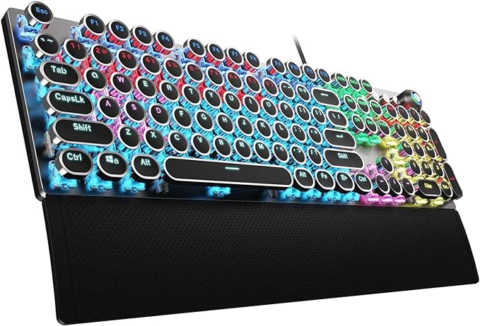 AULA F2088 Typewriter Style Mechanical Gaming Keyboard Wired,Blue Switches,Rainbow LED Backlit,Removable Wrist Rest,Media Control Knob,Retro Punk Round Keycaps,USB Wired Computer Keyboard