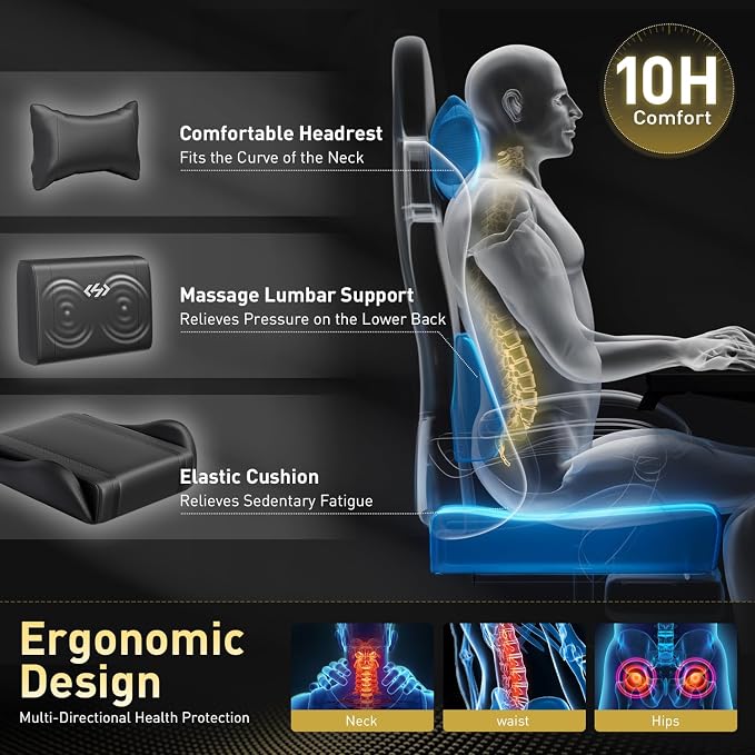HLDIRECT Gaming Chair, Ergonomic Video Game Seat with 360° Swivel & Lumbar Massage, Computer Chair PU Leather Cushion for Adults Home/Office Use (Black)