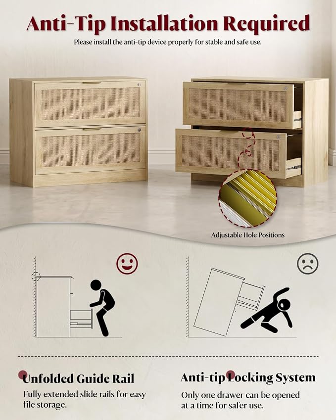 HOPUBUY 2 Drawer File Cabinet with Lock, Wood Rattan Lateral Filing Cabinet for Home Office, Printer Stand for Letter/Legal/A4/F4 Size, Adjustable Hanging Bars, Natural Wood