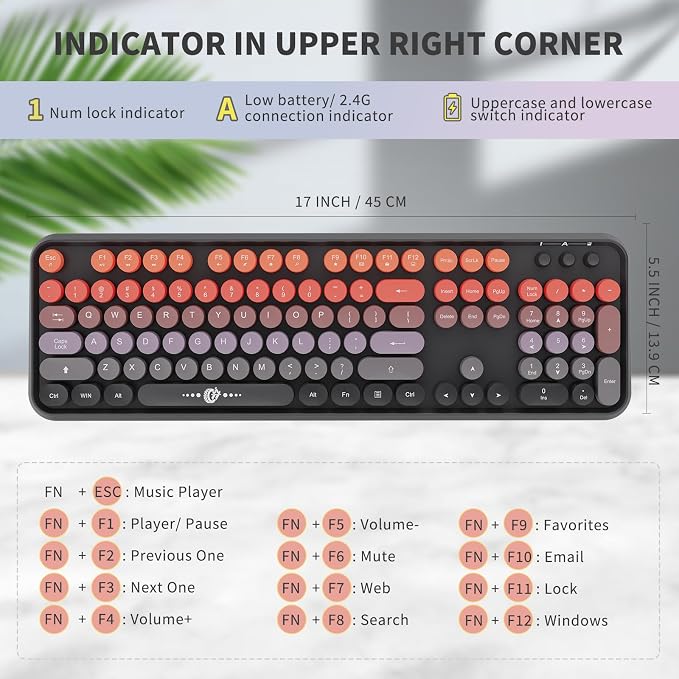 Wireless Keyboard and Mouse Combo, 2.4G USB Cordless Round Keyboard and Mouse for Laptop Computer TV (102 Keys Black Orange)