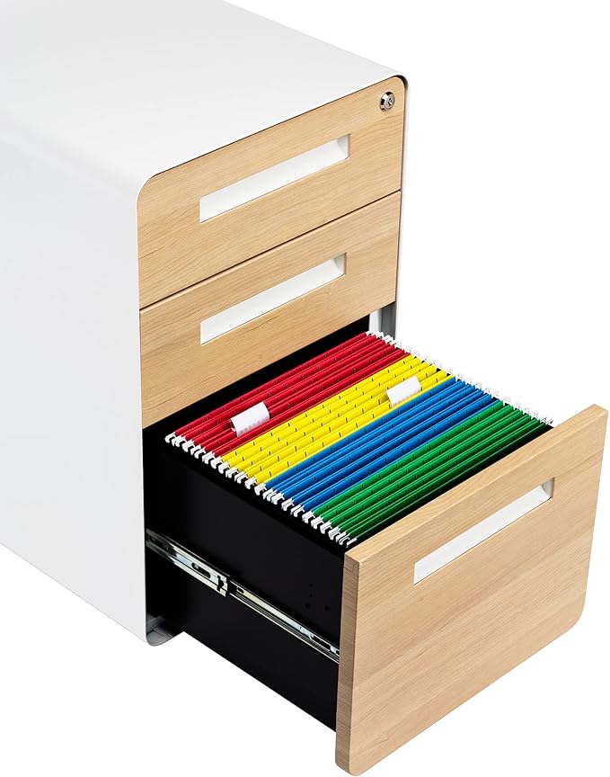 Laura Davidson Furniture Stockpile 3 Drawer File Cabinet with Lock - Under Office Desk Metal Filing Cabinet, Legal/Letter File Folders, Wheels and Stationary Feet, Pre-Assembled, White/Wood