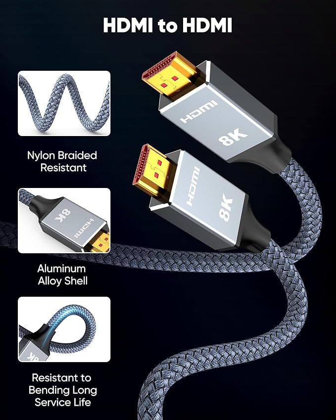 Capshi 3.3ft 8K 4K@120Hz HDMI Cable 2.1, 48Gbps High Speed Cord | for PS5/4, TV, Gaming Console, Monitor, 8K@60Hz, 2K@240Hz, 144Hz, Support HDR, eARC, DTS:X, HDCP 2.2 & 2.3, Braided, Grey