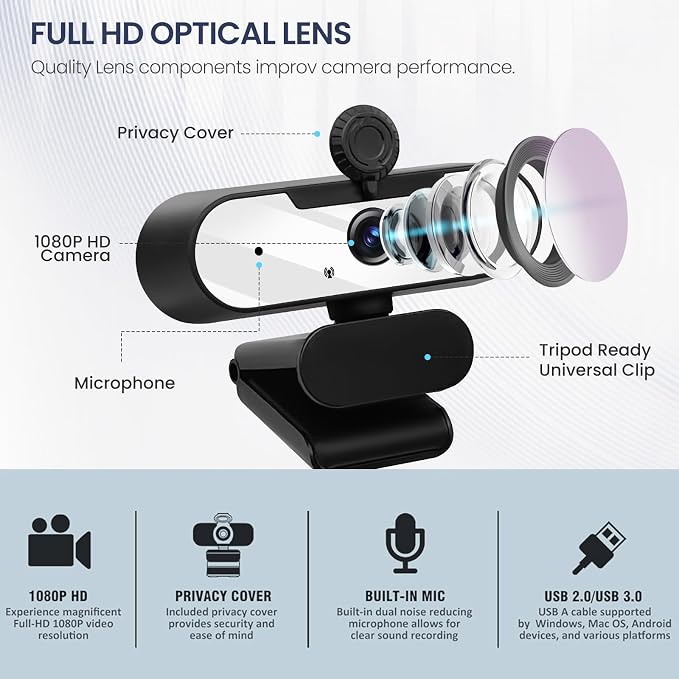 USB HD 1080P Video Webcam and Wide Angle Camera with Built-in Microphone and Rotatable Tripod,for Laptop Computer or Desktop PC,Great for Live Streaming.Calls.Video Conferencing(White)
