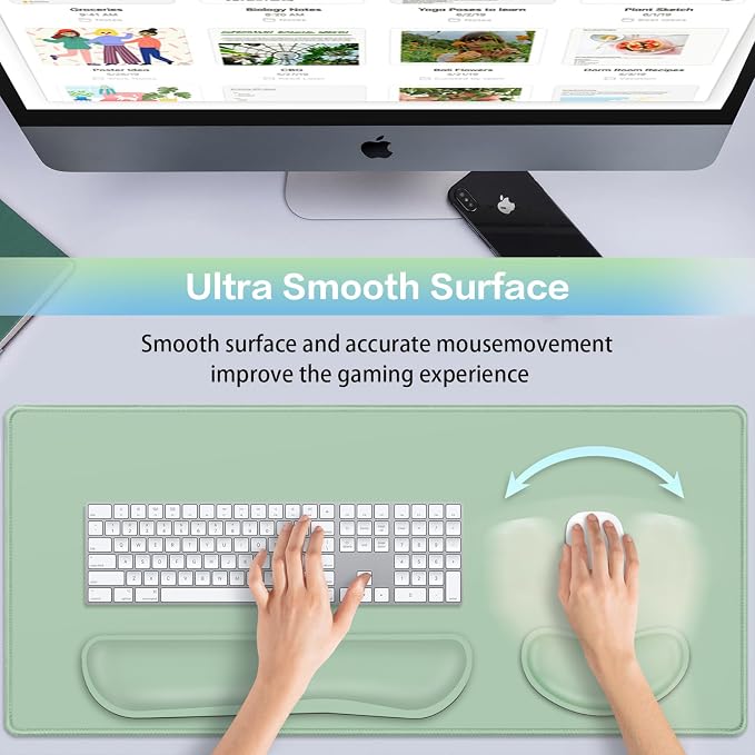 Desk Mat Green, Large Gaming Mouse Pad with Wrist Rest, 4in1 XXL Mousepad+Keyboard Wrist Rest+Mouse Pad Wrist Support+Cup Coaster Set Ergonomic Computer Desk Arm Wrist for Decor Home Office Women